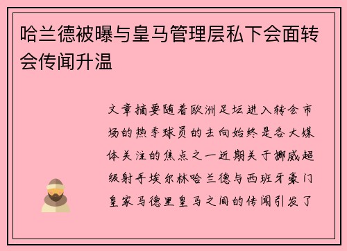 哈兰德被曝与皇马管理层私下会面转会传闻升温